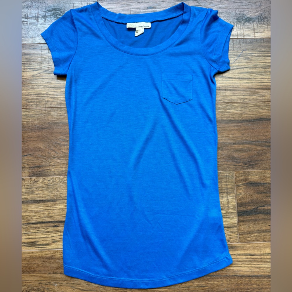 Small Blue Basic Derek Heart Tshirt. Semi-Sheer.